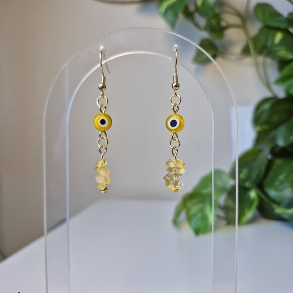 Handmade Protection Earrings with Yellow Evil Eye Charms and Citrine Chip Beads - Picture 8 of 8